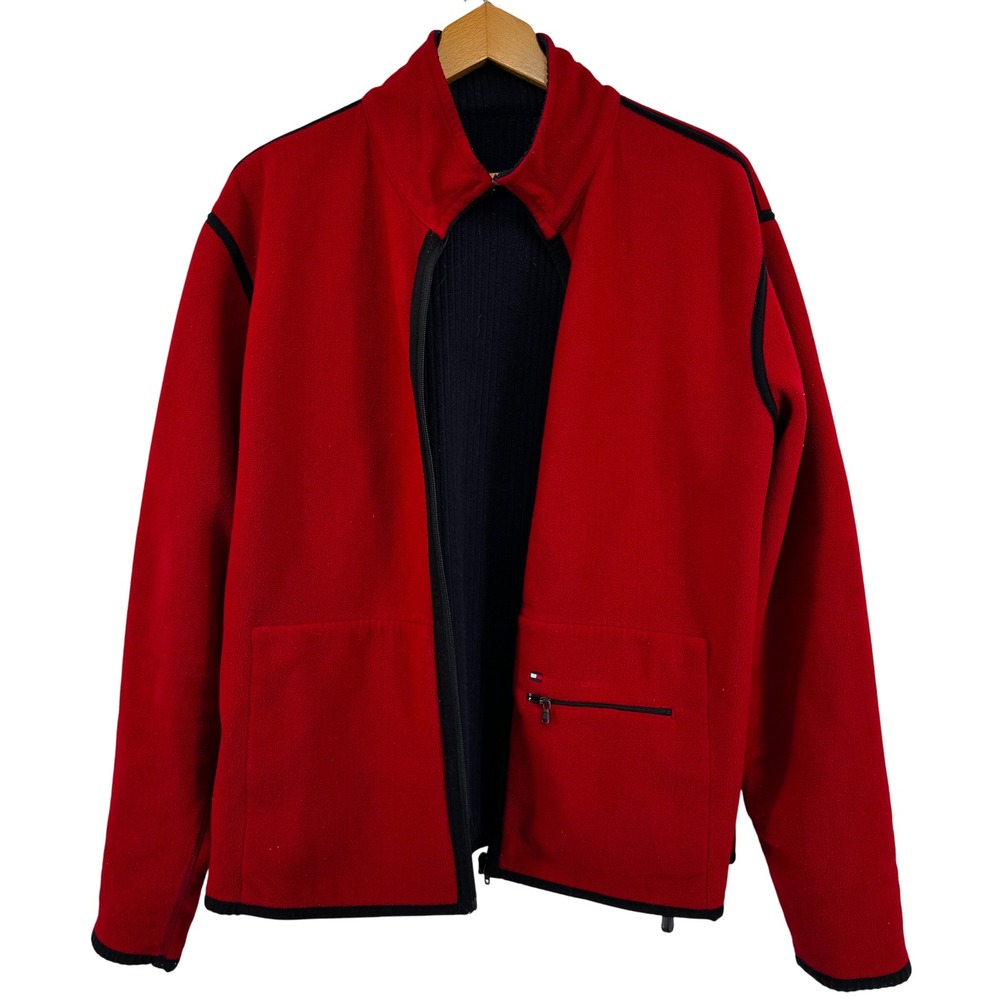 Tommy Hilfiger Reversible Jacket Men Red Fleece Navy Ribbed Knit Full Zip Preppy